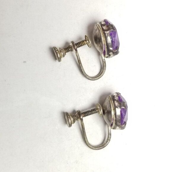 Vintage Sterling Silver Purple Oval Rhinestone Clip On Screw Back Earrings Prong - Picture 3 of 7
